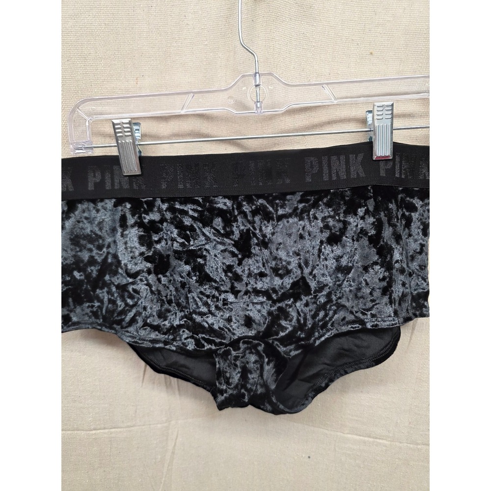 Victoria's Secret PINK Black Crushed Velvet Boyshort Panties Logo Waistband XL‎